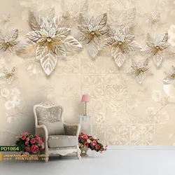 پوستر دیواری گل طرح برگ پشت تلوزیون سفید طلایی هلندی سه بعدی-کدpd1964