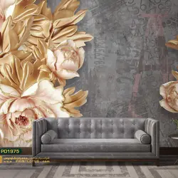 پوستر دیواری گل هلندی صورتی و طلایی پشت تلوزیون بزرگ سه بعدی-کدpd1975