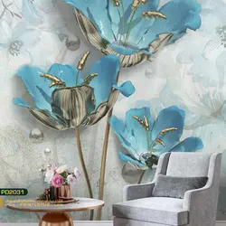 پوستر دیواری سه تا گل پشت تلوزیون آبی هلندی سه بعدی-کدpd2031