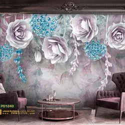 پوستر دیواری گل هلندی پشت تلوزیون بنفش و آبی سه بعدی-کدpd1249