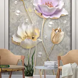 پوستر دیواری گل هلندی پشت تلوزیون سه تا طلایی و زرد و بنفش سه بعدی-کدpd2011