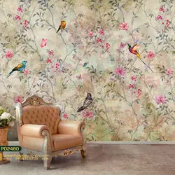 پوستر دیواری گل ریز صورتی و پرنده نگاره-کدpd2480