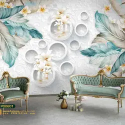 پوستر دیواری برگ آبی و طوسی بزرگ و گل سفید نگاره-کدpd2601