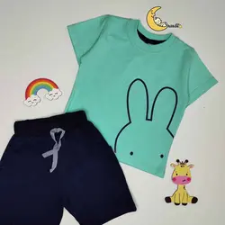 تیشرت آبی و شلوارک نخ پنبه طرح خرگوش