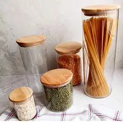 بانکه شیشه ای با درب چوبی بامبو (5081)