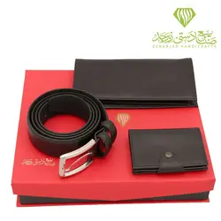 ست سه تیکه کمربند ،جاکارتی ،کیف پالتویی چرم گاوی طرح مدیران