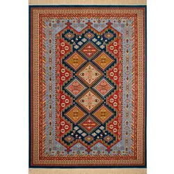 فرش ماشینی رادین طرح گبه بختیاری رنگ زمینه آبی نفتی