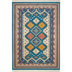 فرش ماشینی رادین طرح گبه بختیاری زمینه آبی کله غازی