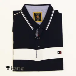 تي شرت يقه دار سه دکمه مرسريزه را ه راه پهن سفيد سرمه اي ترک