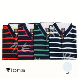 تيشرت يقه دار سه دکمه مرسريزه طرح دار راه راه برگي آبي ترک ريتون