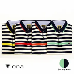 تيشرت يقه دار سه دکمه مرسريزه طرح دار راه راه ساده سورمه اي سبز ترک ريتون