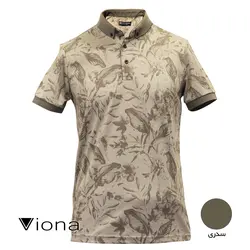 تيشرت يقه گرد سه دکمه مرسريزه طرح دار برگي سدري ترک ريتون