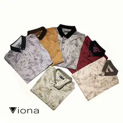 تيشرت يقه گرد سه دکمه مرسريزه طرح دار برگي سدري ترک ريتون