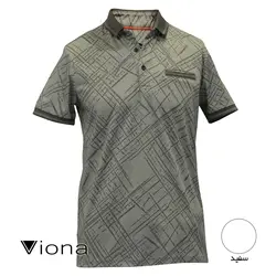 تيشرت يقه گرد سه دکمه مرسريزه طرح دار سفید ترک ريتون