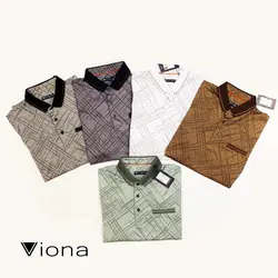 تيشرت يقه گرد سه دکمه مرسريزه طرح دار سفید ترک ريتون