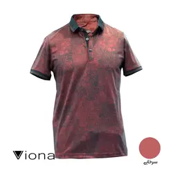 تيشرت يقه گرد سه دکمه مرسريزه طرح دار کلاسيک سرخ آبي ترک ريتون