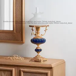 آباژور رومیزی برنجی نئوکلاسیک طلایی مدل گردسوزی سرامیک سرمه ای کد AB184 - کی ان دی-KND