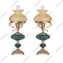 آباژور رومیزی گردسوزی پایه برنجی ستون چینی سبز (جفت) کد SH105