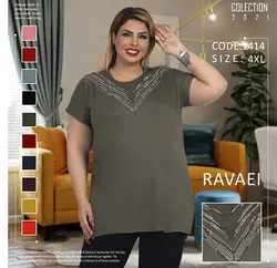 تاپ زنانه 4XL آستین سرخود نگین دور یقه هفتی کد 001919