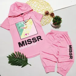 تيشرت شلوارک کلاهدار دخترانه خارجي طرح پولک برگردي ستاره کد 1393