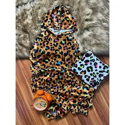 ست هودی شلوار مخمل دخترانه طرح پلنگی رنگی کد 1982