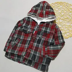 کاپشن کلاهدار دکمه خور پسرانه طرح چهارخونه کد 1633