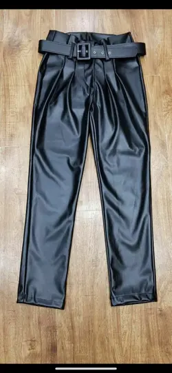 شلوار چرم کمربند دار فاق بلند10604