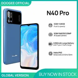 خرید گوشی دوجی ان 40 پرو DOOGEE N40 Pro Smartphone 6.5 inch 20MP Quad Camera Helio P60 6GB 128GB Cellphone 6380mAh Battery