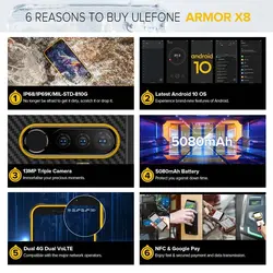 خرید گوشی یولفون آرمور ایکس 8 Ulefone Armor X8 Rugged Waterproof Smartphone Android10 5.7-inch Cell Phone 4GB 64GB ip68 Octa-core