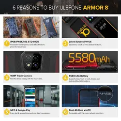 خرید گوشی یولوفن آرمور 9 از علی اکسپرس Ulefone Armor 8 Rugged Mobile Phone NFC Android 10 Helio P60 4GB 64GB 16MP Triple Camera Octa-core 6.1''