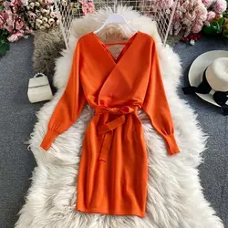 خرید لباس مجلسی زنانه از علی اکسپرس YornMona New Autumn Winter Women Knitted Dress V-neck Batwing Sleeve Sweater Dress Lady Elegant Sashes Bottoming Dress Vestidos