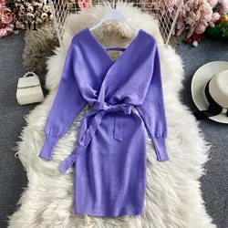 خرید لباس مجلسی زنانه از علی اکسپرس YornMona New Autumn Winter Women Knitted Dress V-neck Batwing Sleeve Sweater Dress Lady Elegant Sashes Bottoming Dress Vestidos