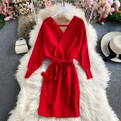 خرید لباس مجلسی زنانه از علی اکسپرس YornMona New Autumn Winter Women Knitted Dress V-neck Batwing Sleeve Sweater Dress Lady Elegant Sashes Bottoming Dress Vestidos