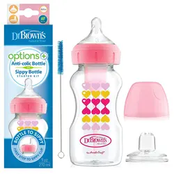شیشه شیر 2 کاره طلقی پهن 270 میل طرحدار صورتی دکتر براون Dr Brown's Sippy Bottle
