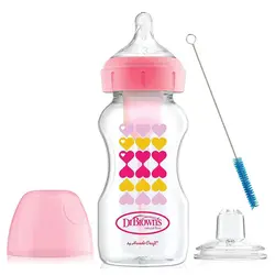 شیشه شیر 2 کاره طلقی پهن 270 میل طرحدار صورتی دکتر براون Dr Brown's Sippy Bottle