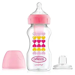 شیشه شیر 2 کاره طلقی پهن 270 میل طرحدار صورتی دکتر براون Dr Brown's Sippy Bottle