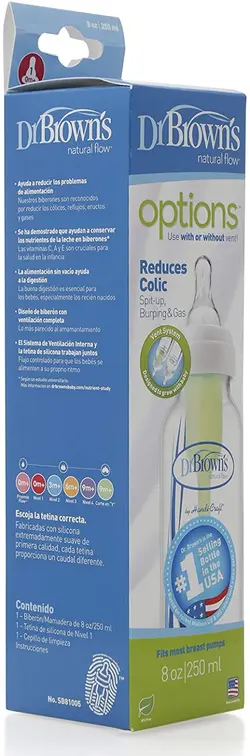 شیشه شیر طلقی باریک 250میل دکتر براون آپشن پلاس   Dr Brown's Natural Flow Options Narrow Neck Baby Bottle 250ml