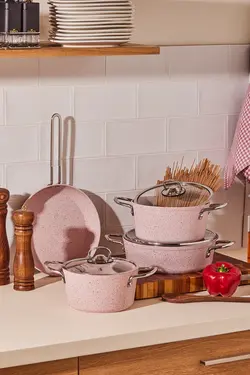 ست آشپزی 7 پارچه قابلمه و ماهیتابه صورتی Karaca Biogranit Alfa Pink 153.03.08.081127