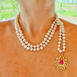 گردنبند بلند مروارید طبیعی نقره اب طلا سنگ یاقوت کد ۱۰۵