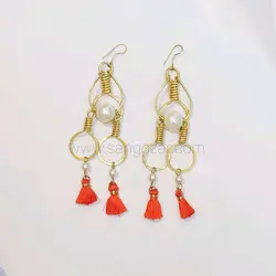 گوشواره بلند برنجی و مروارید