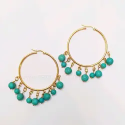 گوشواره حلقه ای استیل طلایی و سنگ فیروزه