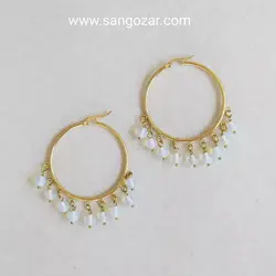 گوشواره حلقه ای استیل طلایی و سنگ مون استون sz13298