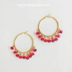 گوشواره حلقه ای استیل طلایی و کریستال قرمز دونه اناری sz13294