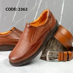 کفش مردانه بدون بند چرم عسلی با زیره قهوه‌ای - کد 2362
