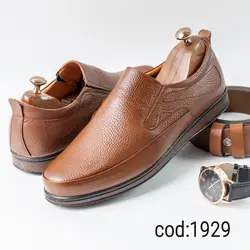کفش مردانه بدون بند چرم طبیعی قهوه ای - کد 1929