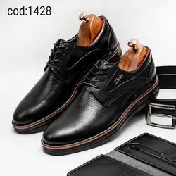 کفش کلارک چرم طبیعی مشکی بنددار زیره مشکی - کد 1428