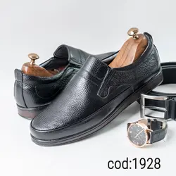 کفش مشکی چرم طبیعی مردانه مشکی بدون بند با زیره قهوه ای - کد 1928