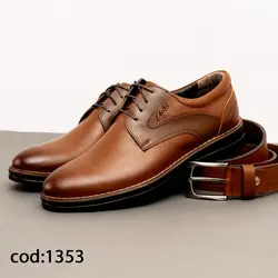کفش کلارک چرم طبیعی عسلی بنددار با زیره مشکی - کد 1353