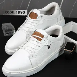 کتونی چرم بنددار تمام سفید مازراتی زیره سفید - کد 1990