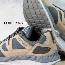 کتونی بنددار اسکیچرز خاکی سبز با زیره سفید طوسی - کد 2267